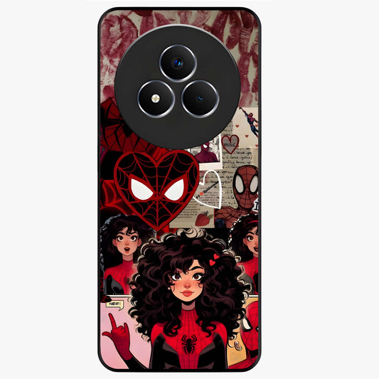 Spider Love Story Glass Case showing flat back view with romantic superhero themed artwork and glossy glass finish.