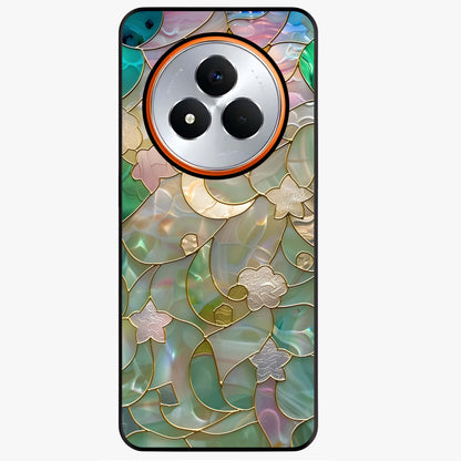 Stained Sunrise Glow Glass Case showing flat back view with glowing sunrise stained pattern artwork and glossy glass finish.