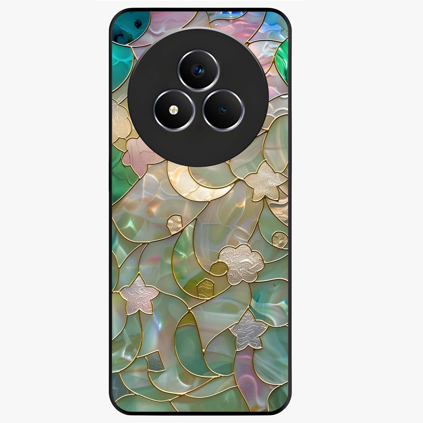 Stained Sunrise Glow Glass Case showing flat back view with glowing sunrise stained pattern artwork and glossy glass finish.