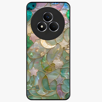Stained Sunrise Glow Glass Case showing flat back view with glowing sunrise stained pattern artwork and glossy glass finish.