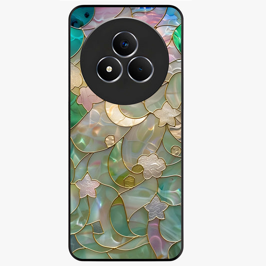 Stained Sunrise Glow Glass Case showing flat back view with glowing sunrise stained pattern artwork and glossy glass finish.