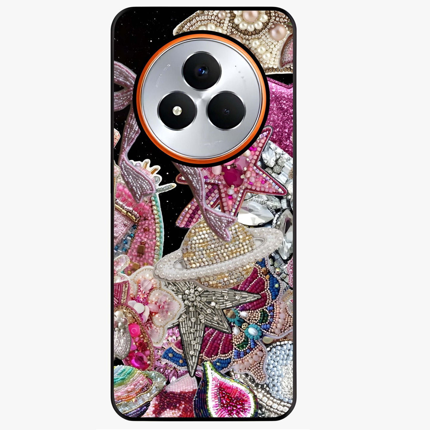 Starlit Jewel Dream Glass Case showing flat back view with sparkling jewel and star themed artwork and glossy glass finish.