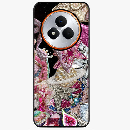 Starlit Jewel Dream Glass Case showing flat back view with sparkling jewel and star themed artwork and glossy glass finish.