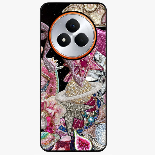 Starlit Jewel Dream Glass Case showing flat back view with sparkling jewel and star themed artwork and glossy glass finish.