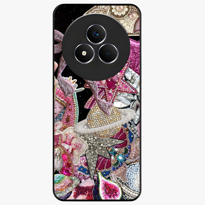 Starlit Jewel Dream Glass Case showing flat back view with sparkling jewel and star themed artwork and glossy glass finish.