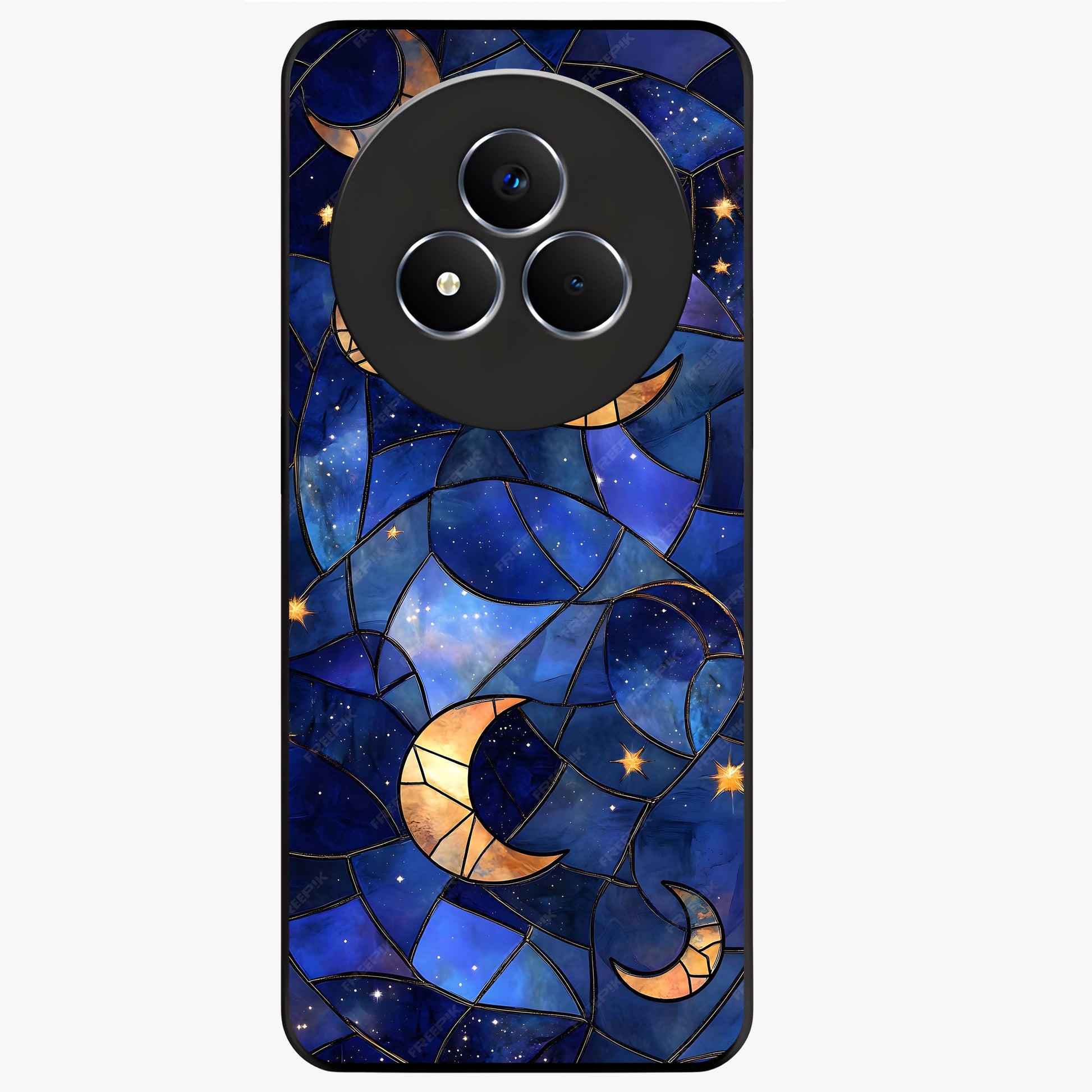 Starlit Sky Tapestry Glass Case showing flat back view with decorative starry sky tapestry artwork and glossy glass finish.