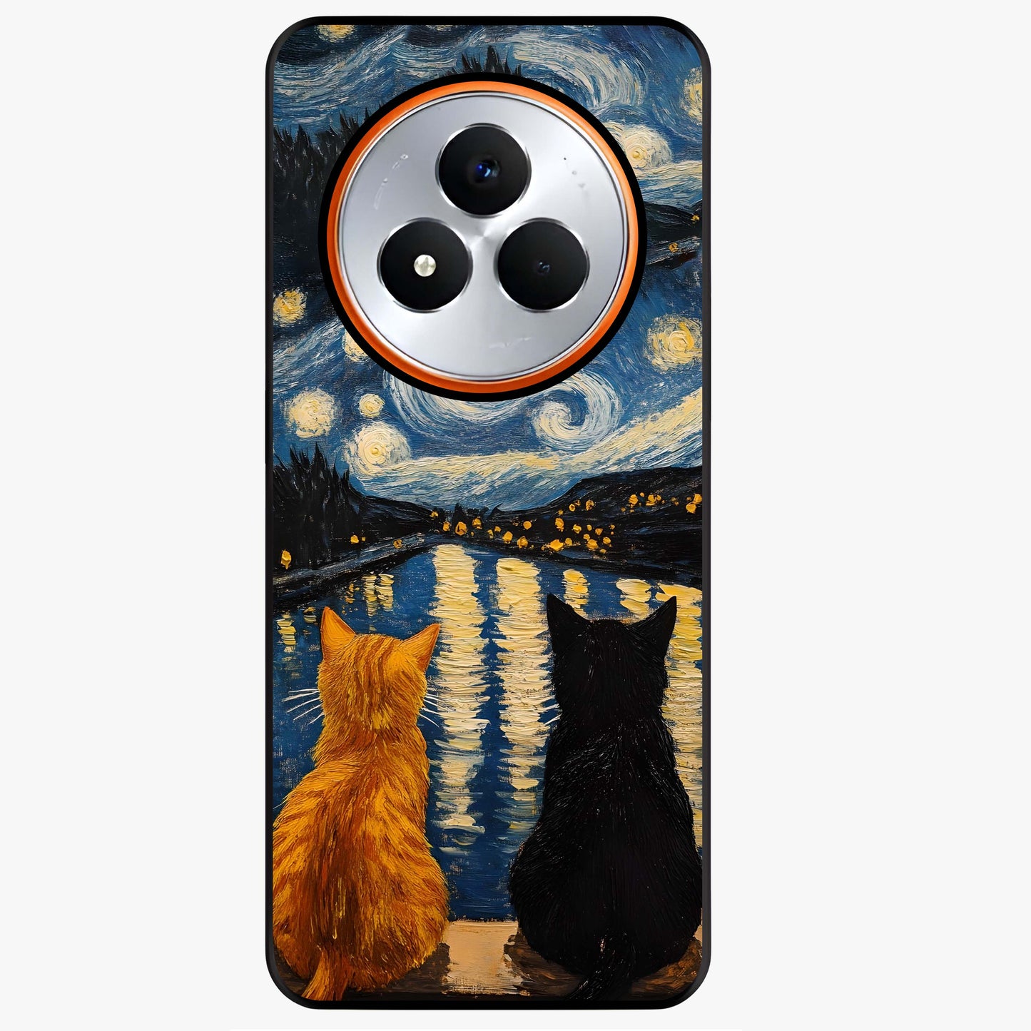Starry River Cats Glass Case showing flat back view with cats by a starry river artwork and glossy glass finish.