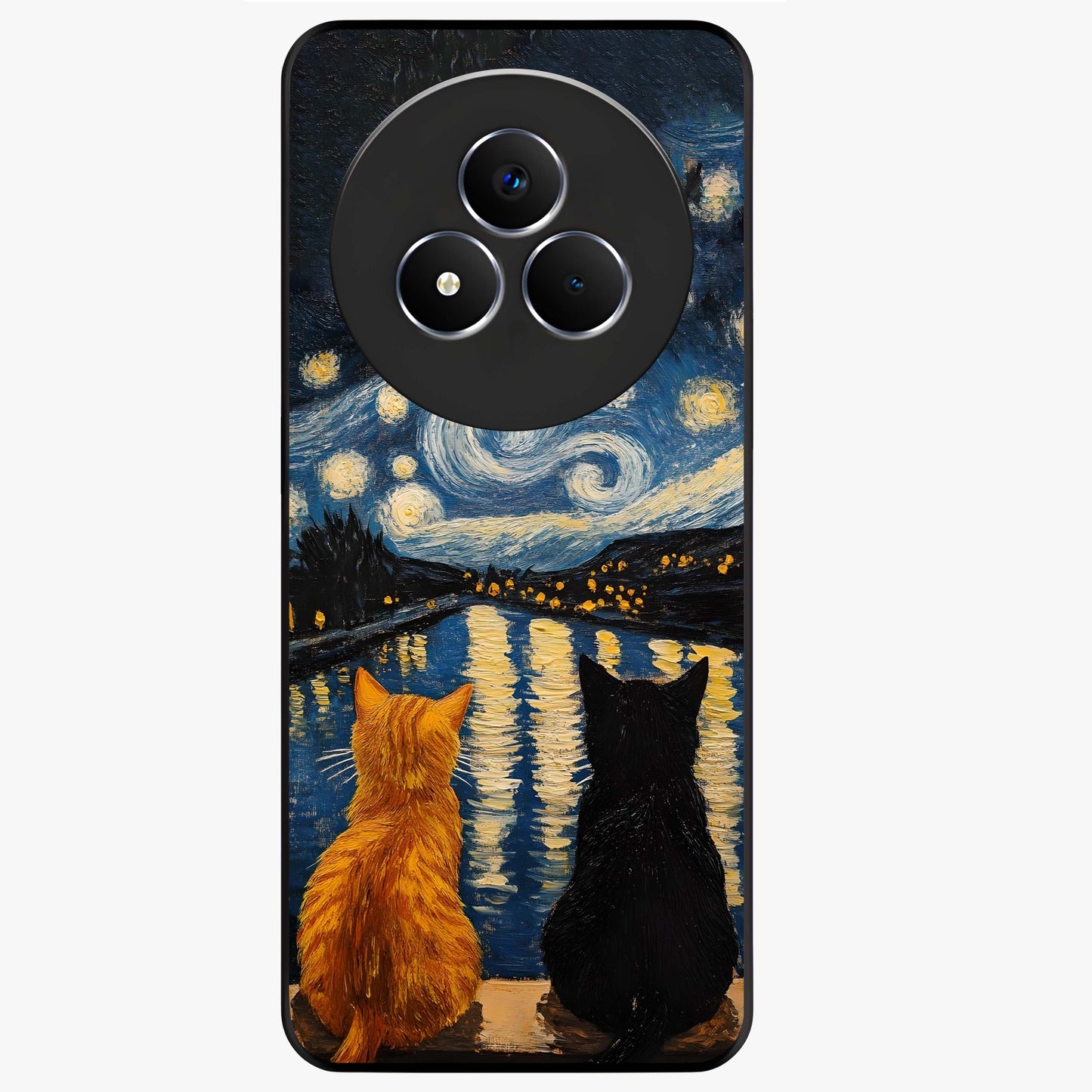 Starry River Cats Glass Case showing flat back view with cats by a starry river artwork and glossy glass finish.