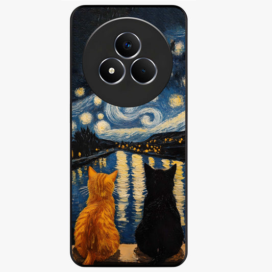 Starry River Cats Glass Case showing flat back view with cats by a starry river artwork and glossy glass finish.