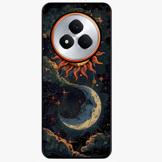Sun And Moon Magic Design Glass Case showing flat back view with mystical sun and moon artwork and glossy glass finish.