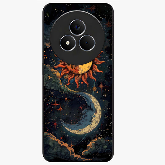 Sun And Moon Magic Design Glass Case showing flat back view with mystical sun and moon artwork and glossy glass finish.