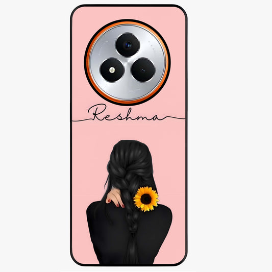 Sunflower Braid Beauty With Custom Name Glass Case showing flat back view with sunflower braid artwork and personalized name design.