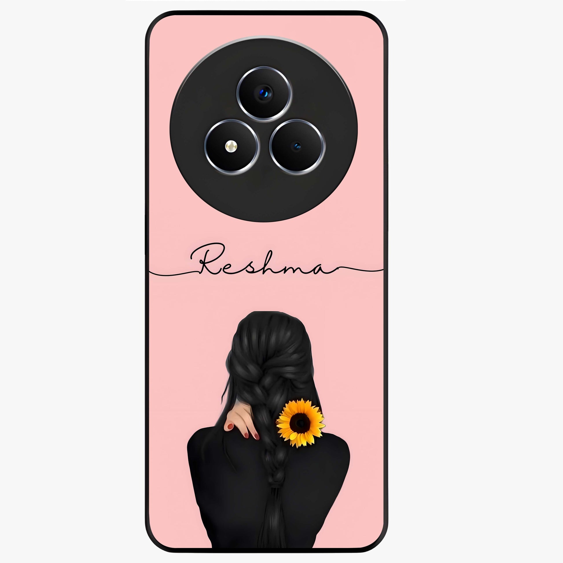 Sunflower Braid Beauty With Custom Name Glass Case showing flat back view with sunflower braid artwork and personalized name design.
