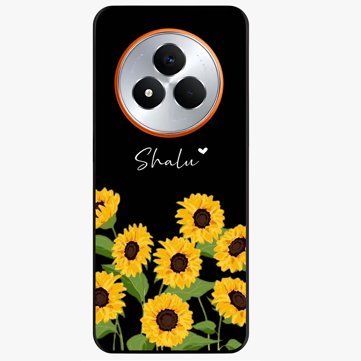 Sunflower Chic Mood Custom Name Glass Case showing flat back view with stylish sunflower artwork and personalized name design.