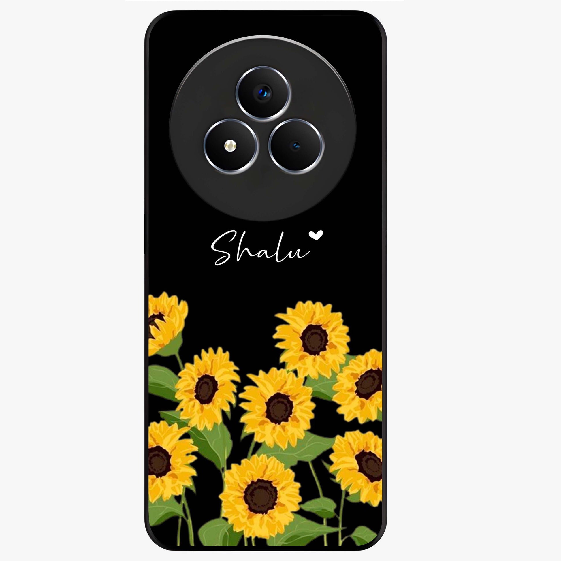 Sunflower Chic Mood Custom Name Glass Case showing flat back view with stylish sunflower artwork and personalized name design.