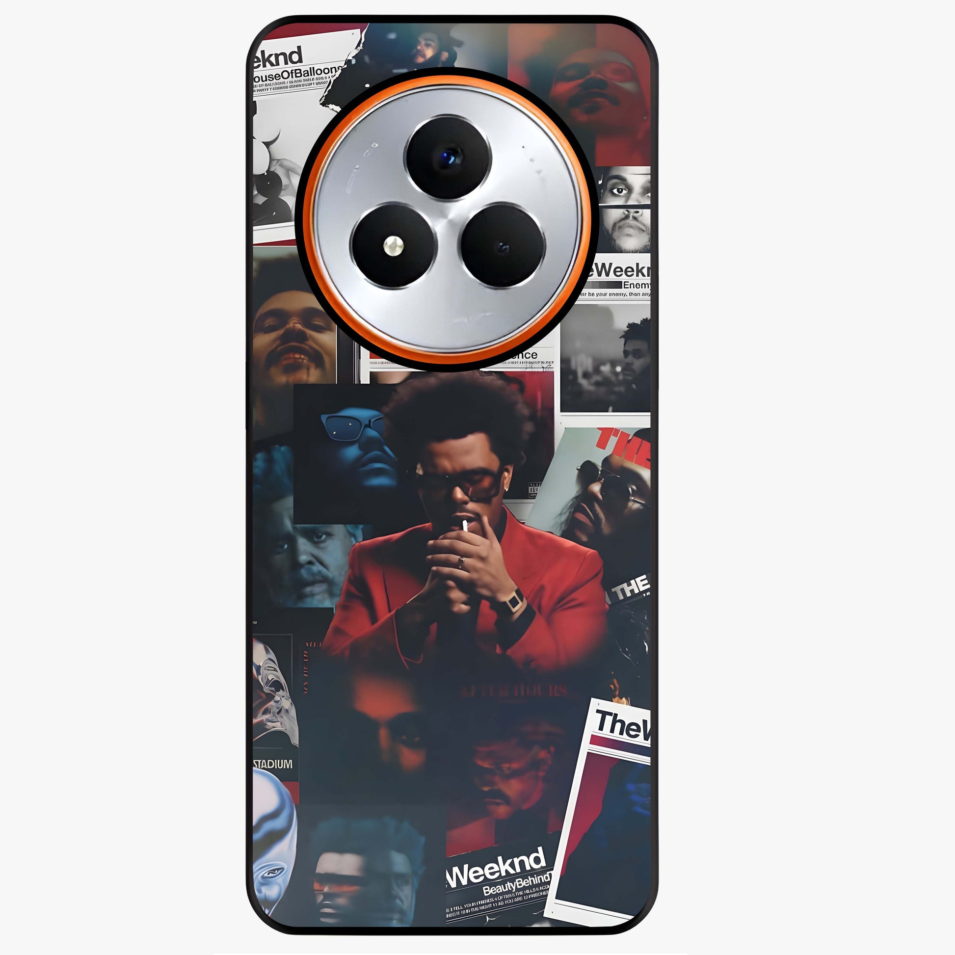 The Weeknd Glass Case showing flat back view with music inspired artistic portrait artwork and glossy glass finish.