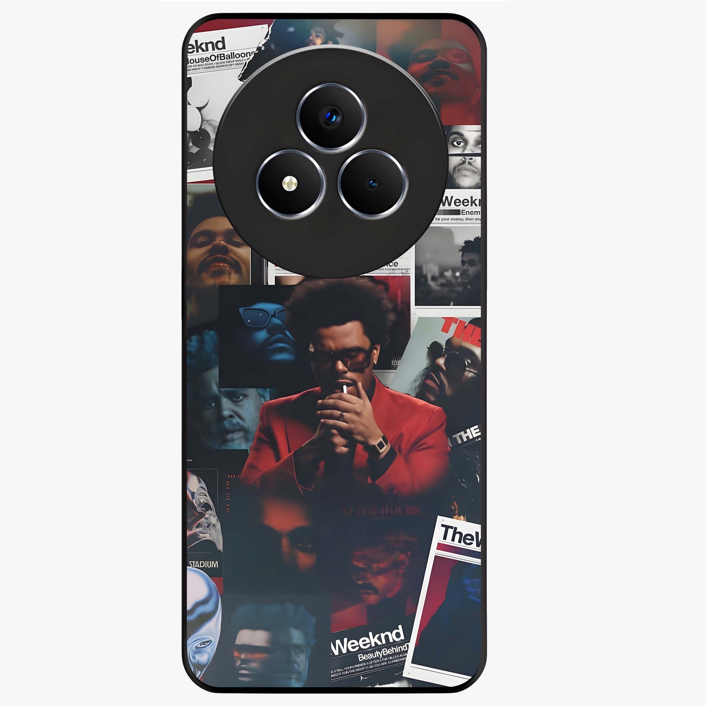 The Weeknd Glass Case showing flat back view with music inspired artistic portrait artwork and glossy glass finish.