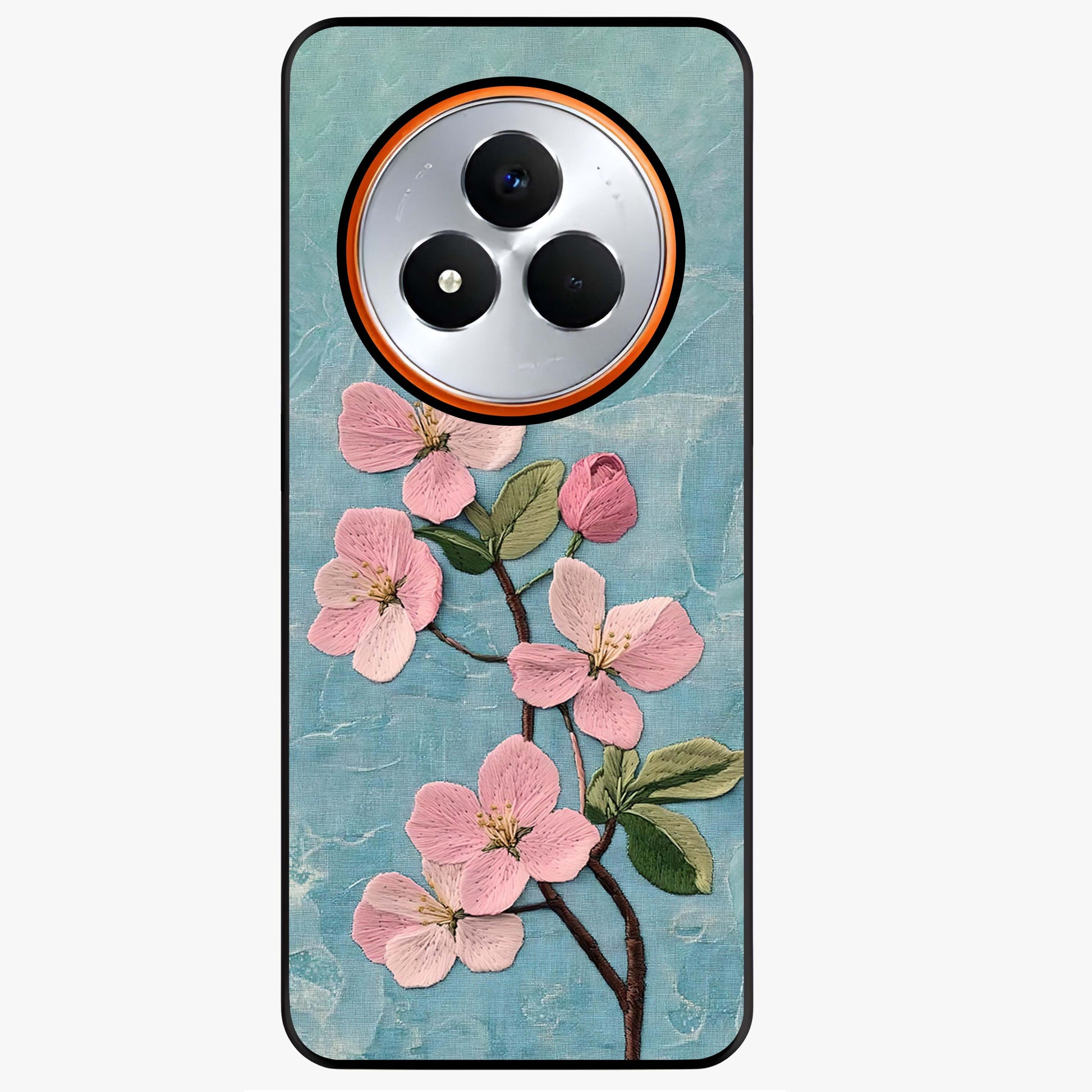 Threaded Blossom Breeze Glass Case showing flat back view with delicate blossom artwork and glossy glass finish.