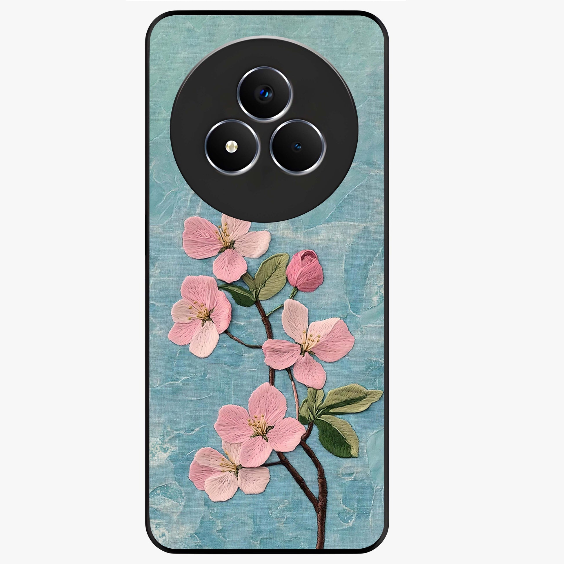 Threaded Blossom Breeze Glass Case showing flat back view with delicate blossom artwork and glossy glass finish.