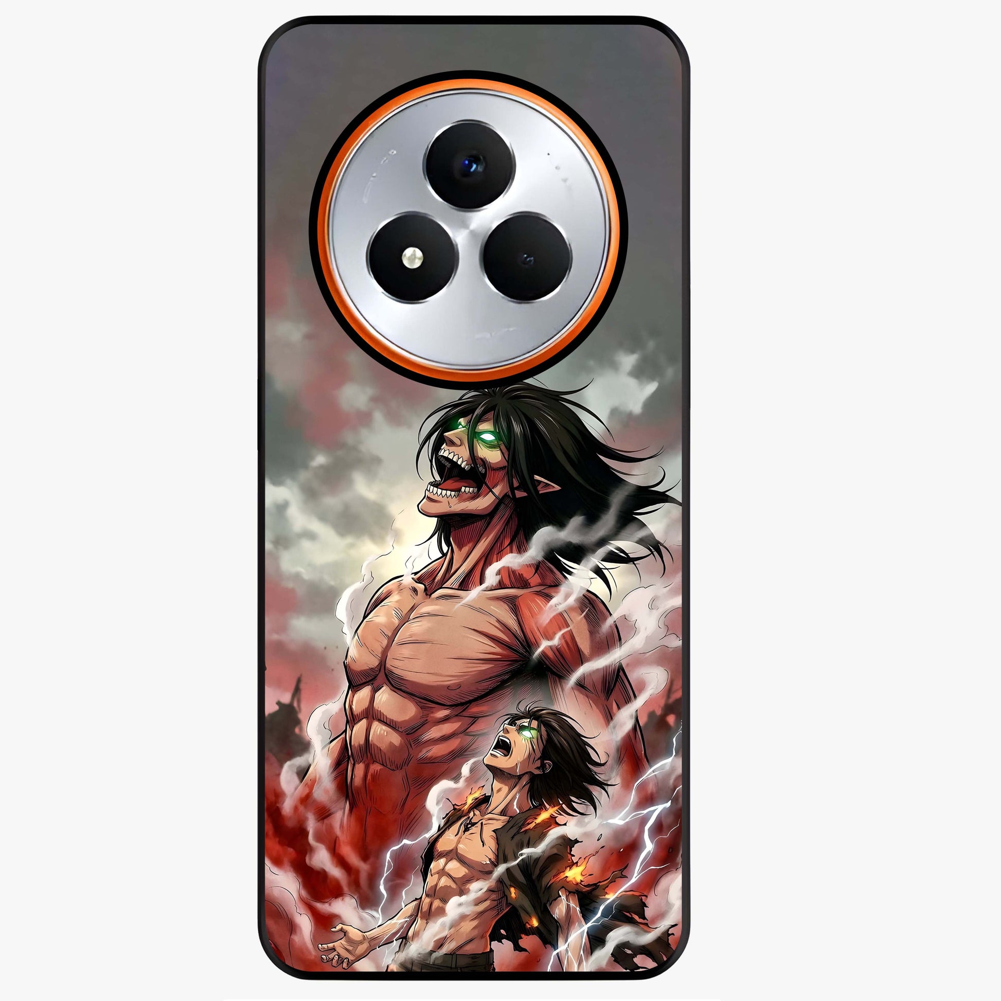 Titan Awakening Fury Glass Case showing flat back view with powerful titan inspired artwork and glossy glass finish.