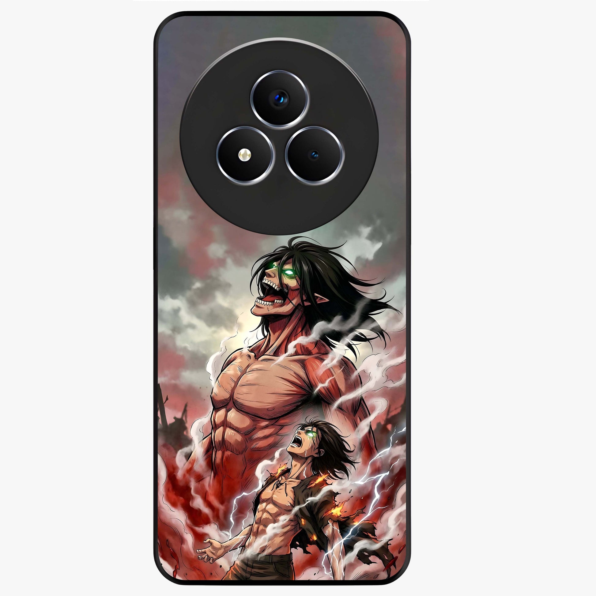 Titan Awakening Fury Glass Case showing flat back view with powerful titan inspired artwork and glossy glass finish.