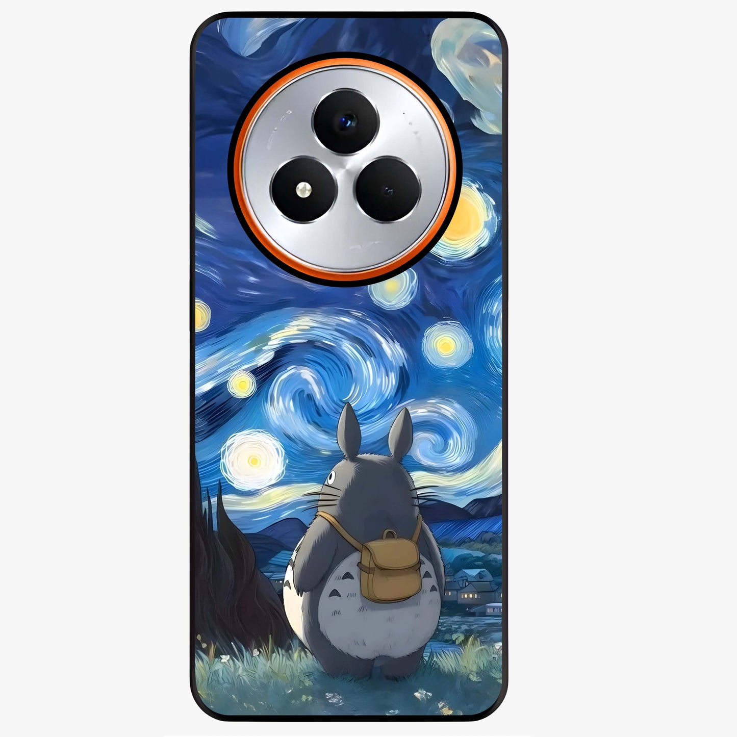 Totoro In Van Gogh Art Glass Case showing flat back view with whimsical character artwork inspired by Van Gogh style and glossy glass finish.