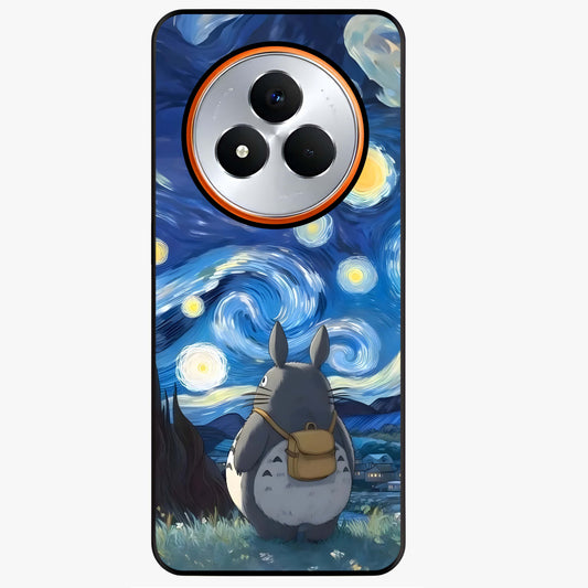 Totoro In Van Gogh Art Glass Case showing flat back view with whimsical character artwork inspired by Van Gogh style and glossy glass finish.