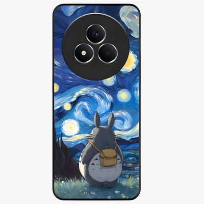 Totoro In Van Gogh Art Glass Case showing flat back view with whimsical character artwork inspired by Van Gogh style and glossy glass finish.