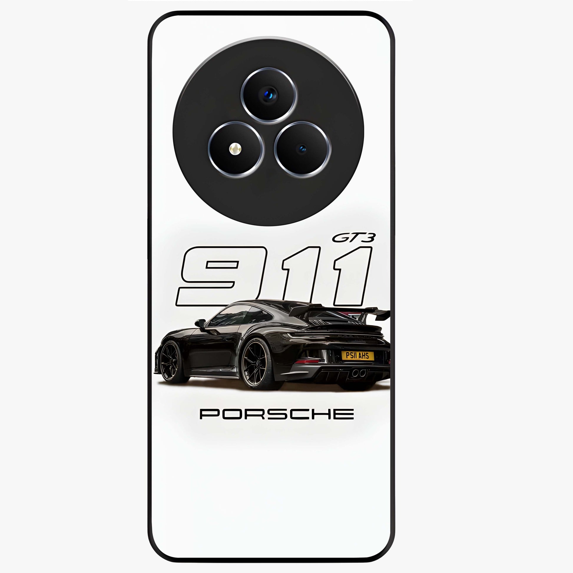 Turbo Legacy Icon Glass Case showing flat back view with iconic sports car inspired artwork and glossy glass finish.