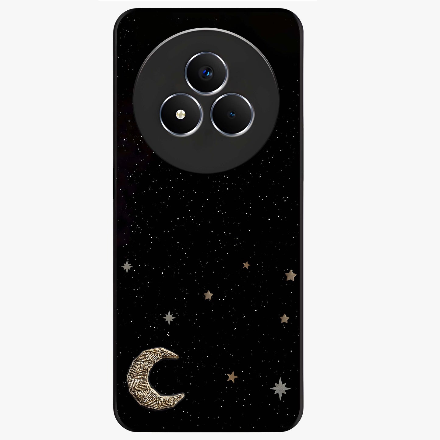 Twinkle Star With Half Moon Glass Case showing flat back view with star and half moon artwork and glossy glass finish.