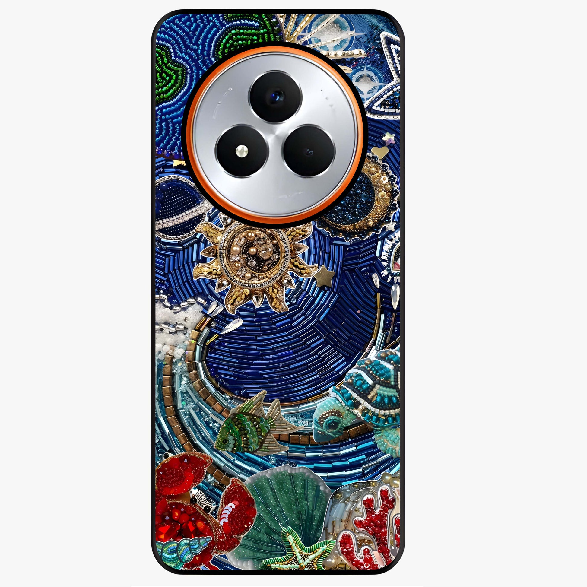 Universe Underwater Spark Glass Case showing flat back view with cosmic underwater themed artwork and glossy glass finish.