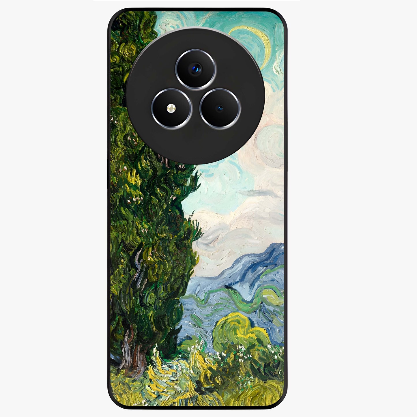 Van Gogh Vintage Art Glass Case showing flat back view with vintage painterly artwork inspired by Van Gogh style and glossy glass finish.