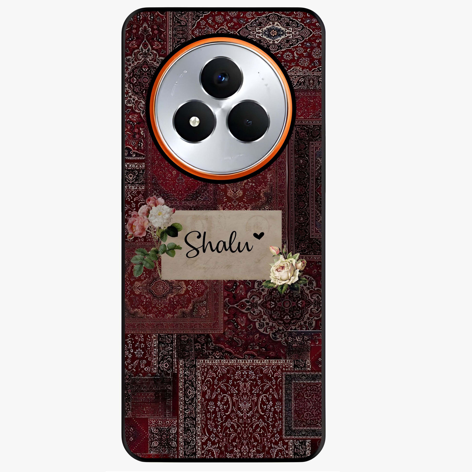 Velvet Wine Pattern Custom Name Glass Case showing flat back view with elegant wine colored pattern artwork and personalized name design.