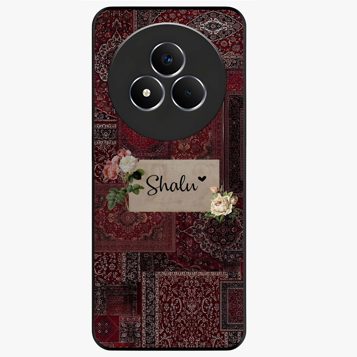 Velvet Wine Pattern Custom Name Glass Case showing flat back view with elegant wine colored pattern artwork and personalized name design.