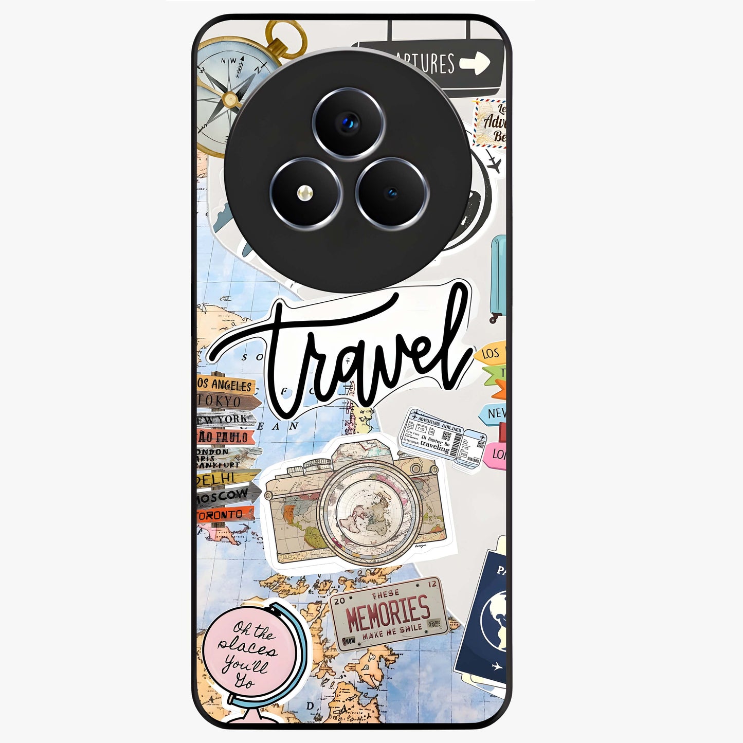 Wanderlust Journal Glass Case showing flat back view with travel inspired artwork and glossy glass finish.