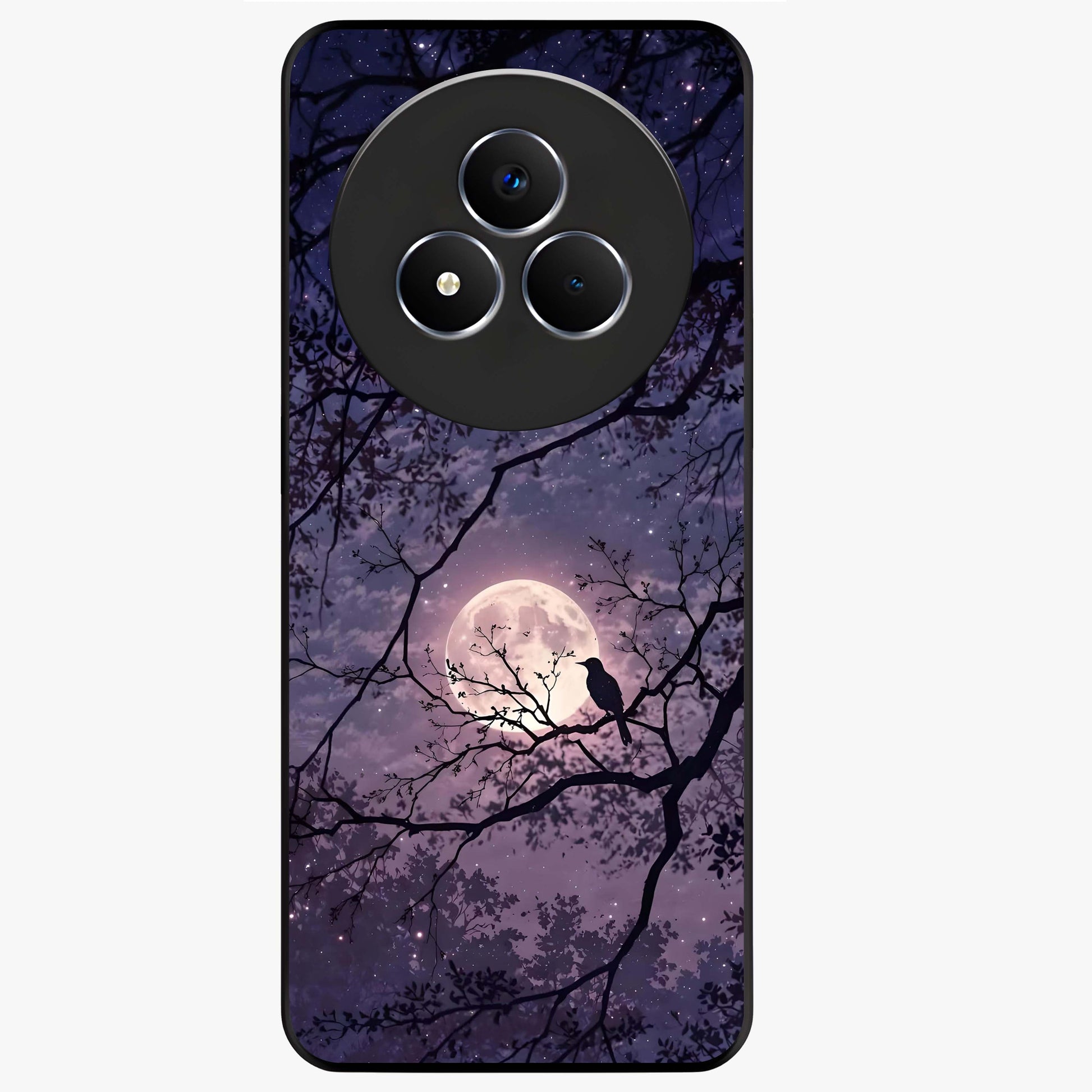 Whispering Moon Silence Glass Case showing flat back view with serene moon themed artwork and glossy glass finish.