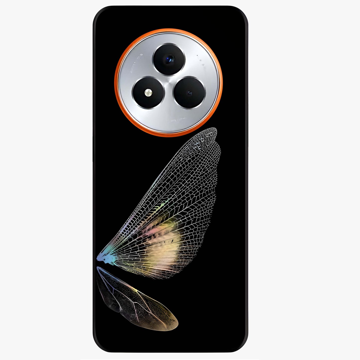 Whispers Of Wings Glass Case showing flat back view with graceful wing inspired artwork and glossy glass finish.
