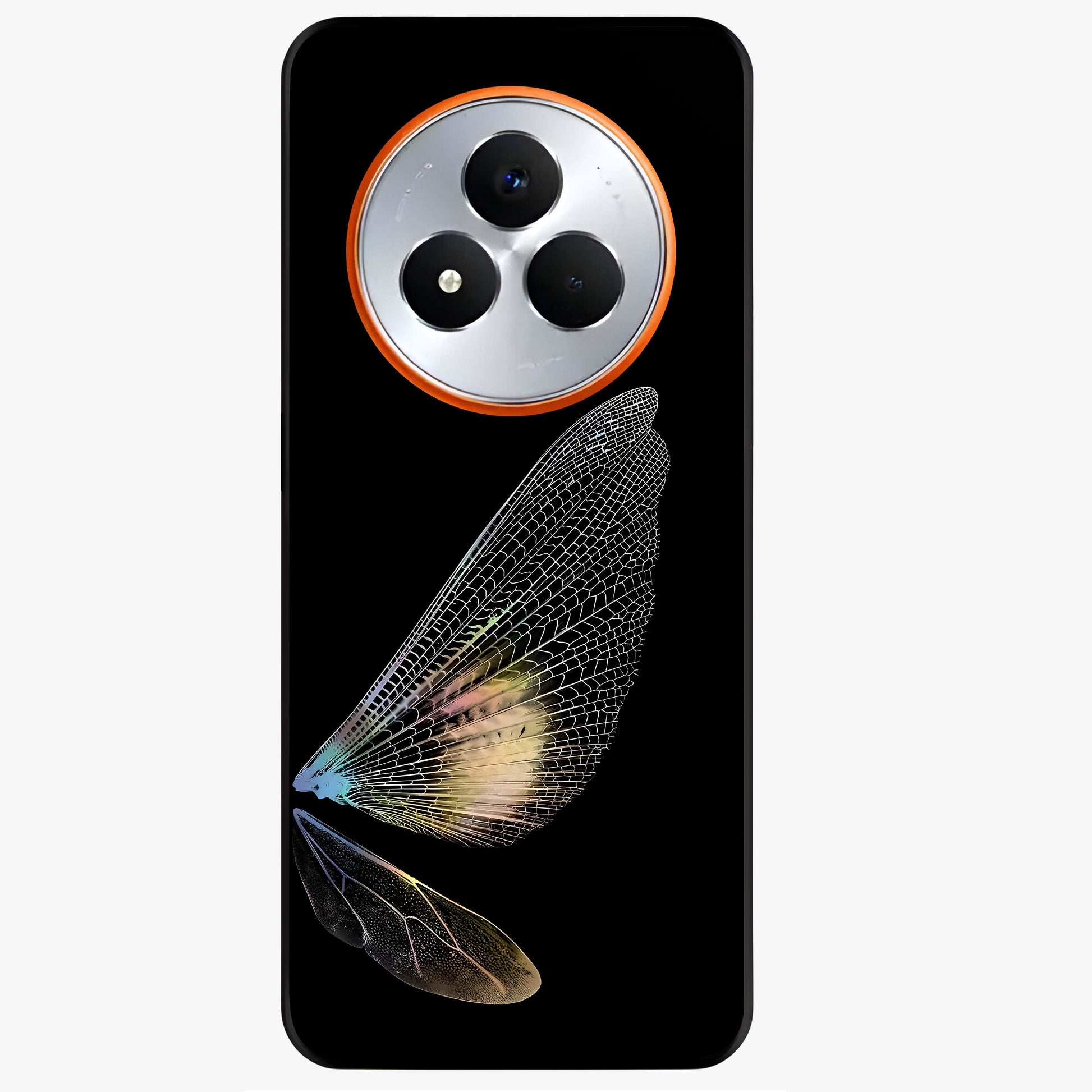 Whispers Of Wings Glass Case showing flat back view with graceful wing inspired artwork and glossy glass finish.