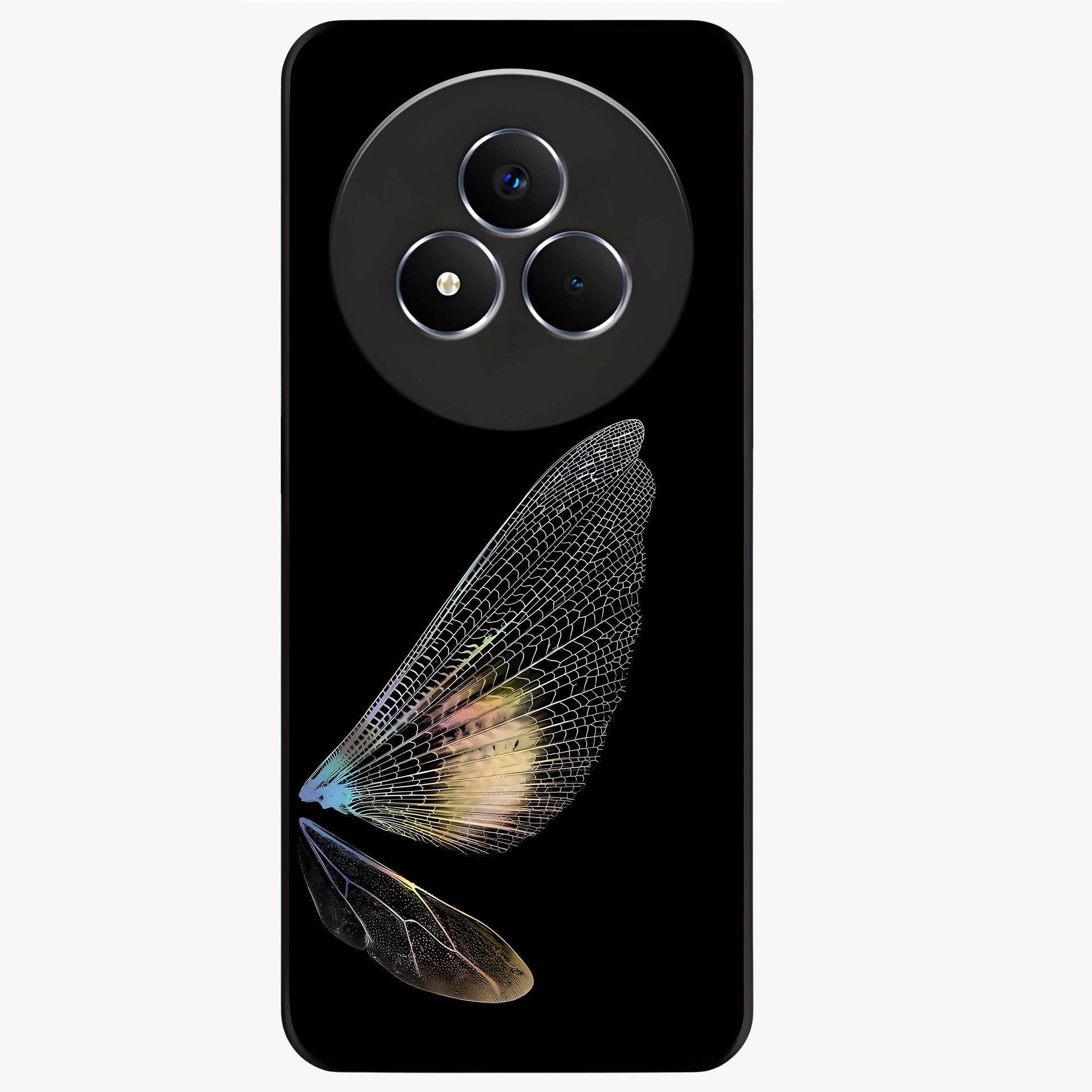 Whispers Of Wings Glass Case showing flat back view with graceful wing inspired artwork and glossy glass finish.