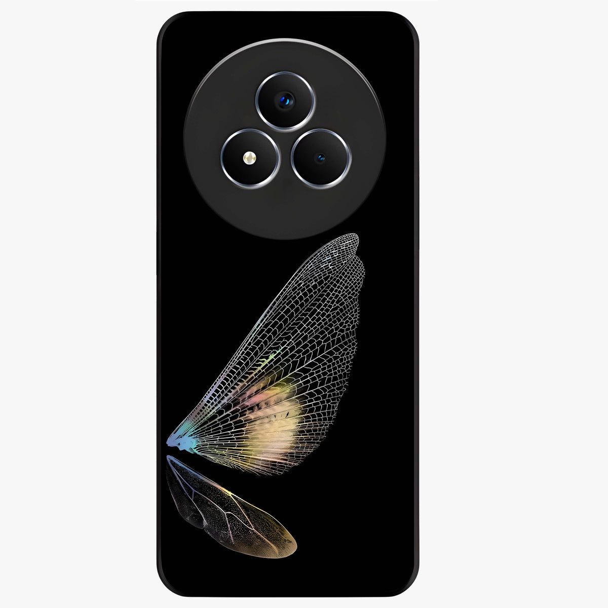 Whispers Of Wings Glass Case showing flat back view with graceful wing inspired artwork and glossy glass finish.