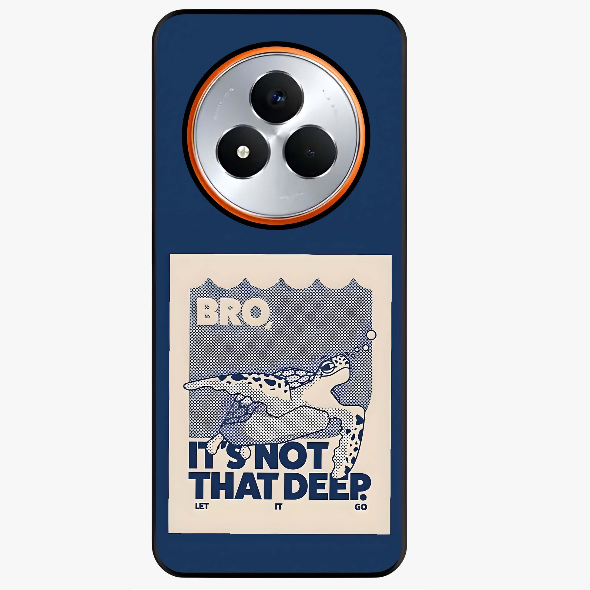 Worry Less Swim Glass Case showing flat back view with playful motivational artwork and glossy glass finish.