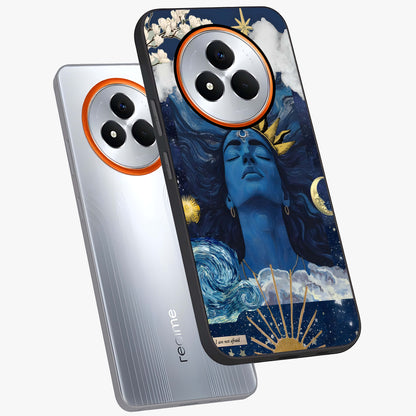 Aesthetic Lord Shiva Glass Case displayed in angled mockup highlighting spiritual Shiva illustration and sacred aesthetic design.