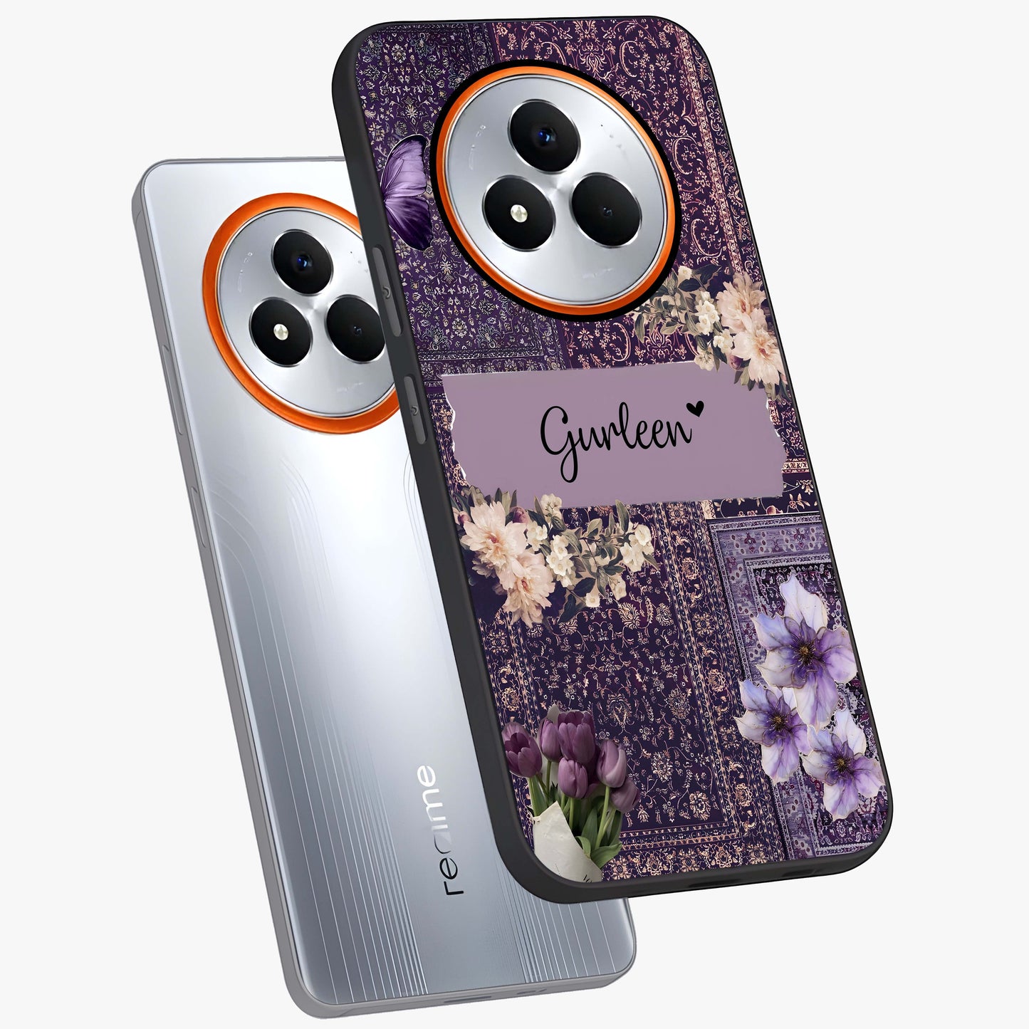 Antique Floral Whisper Custom Name Glass Case displayed in angled mockup highlighting elegant antique floral aesthetic.