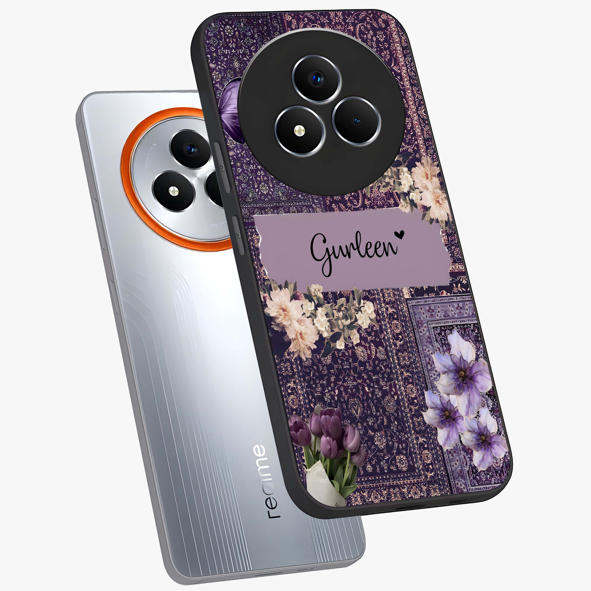 Antique Floral Whisper Custom Name Glass Case displayed in angled mockup highlighting elegant antique floral aesthetic.