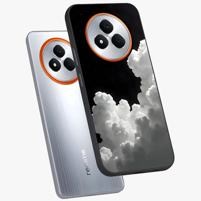 Black Background With White Cloud Glass Case displayed in angled mockup highlighting soft white cloud illustration and minimal design.
