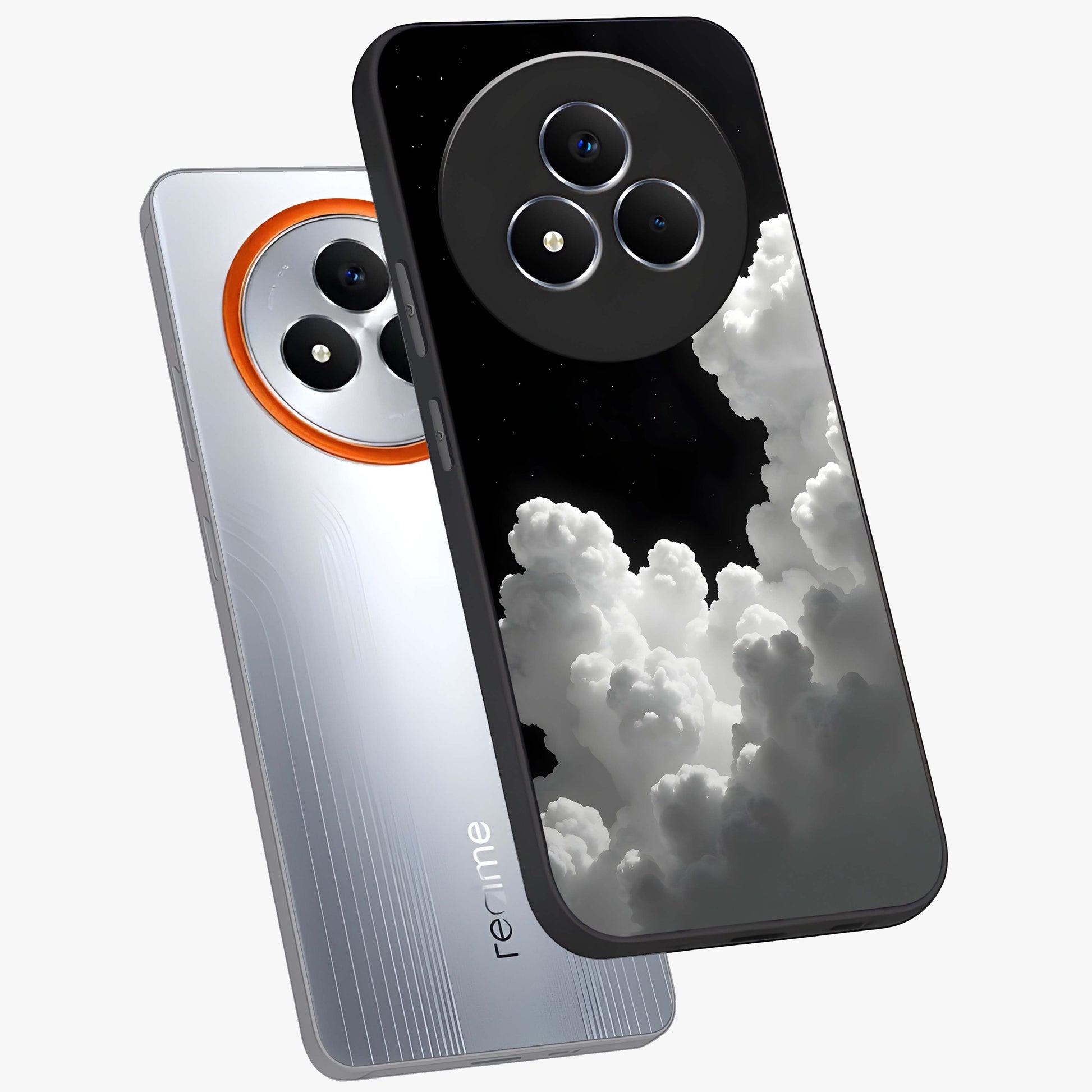 Black Background With White Cloud Glass Case displayed in angled mockup highlighting soft white cloud illustration and minimal design.