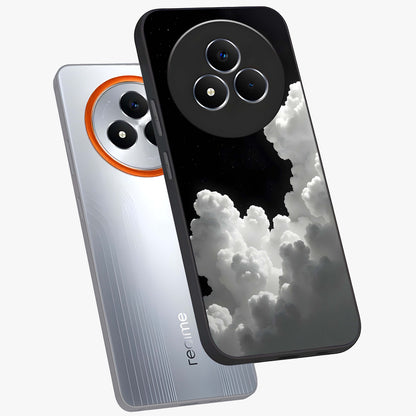 Black Background With White Cloud Glass Case displayed in angled mockup highlighting soft white cloud illustration and minimal design.