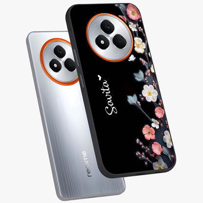 Black Elegance Floral Custom Name Glass Case displayed in angled mockup highlighting dark floral aesthetic and custom name feature.