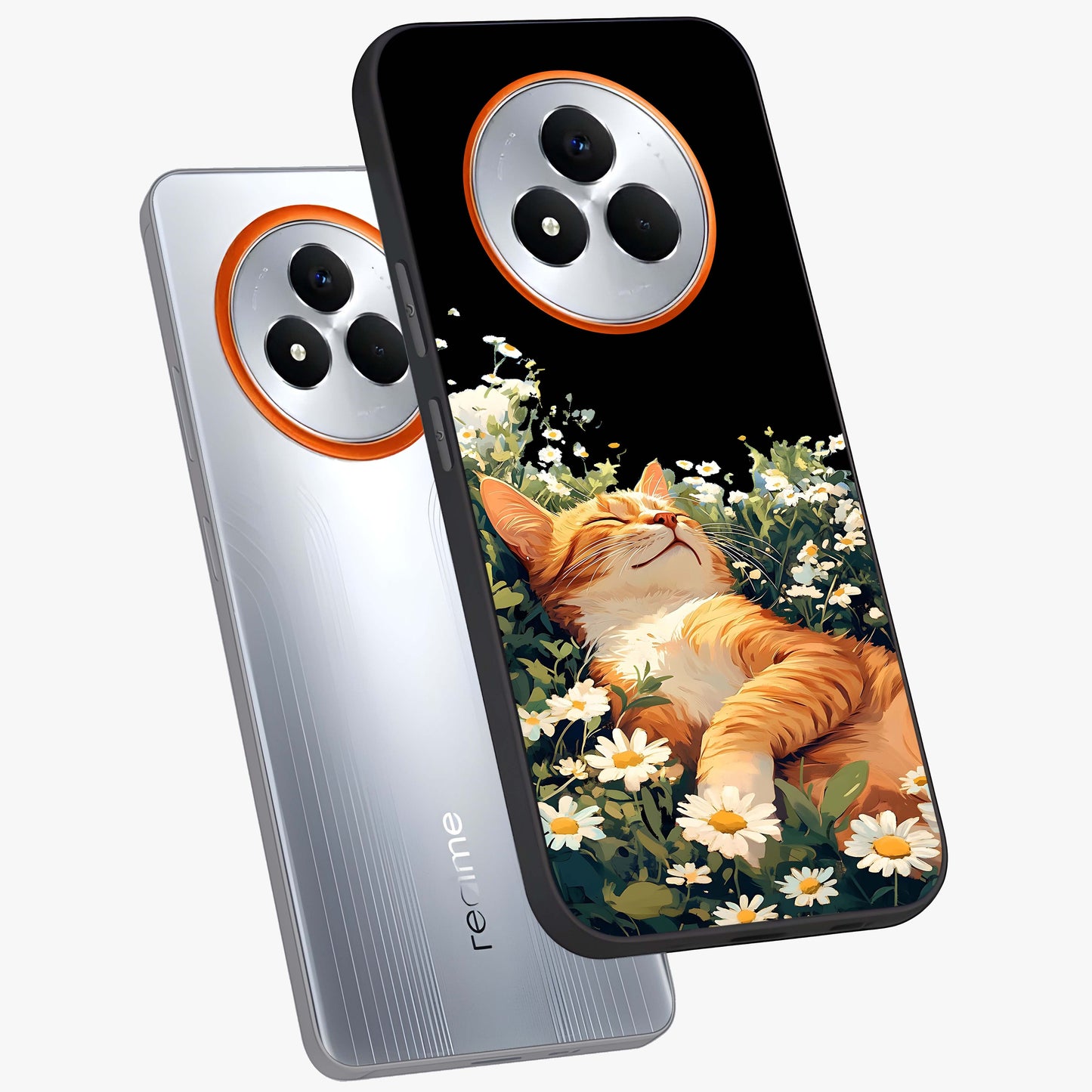 Blissful Bloom Cat Glass Case displayed in angled mockup highlighting playful feline illustration with soft floral aesthetic.