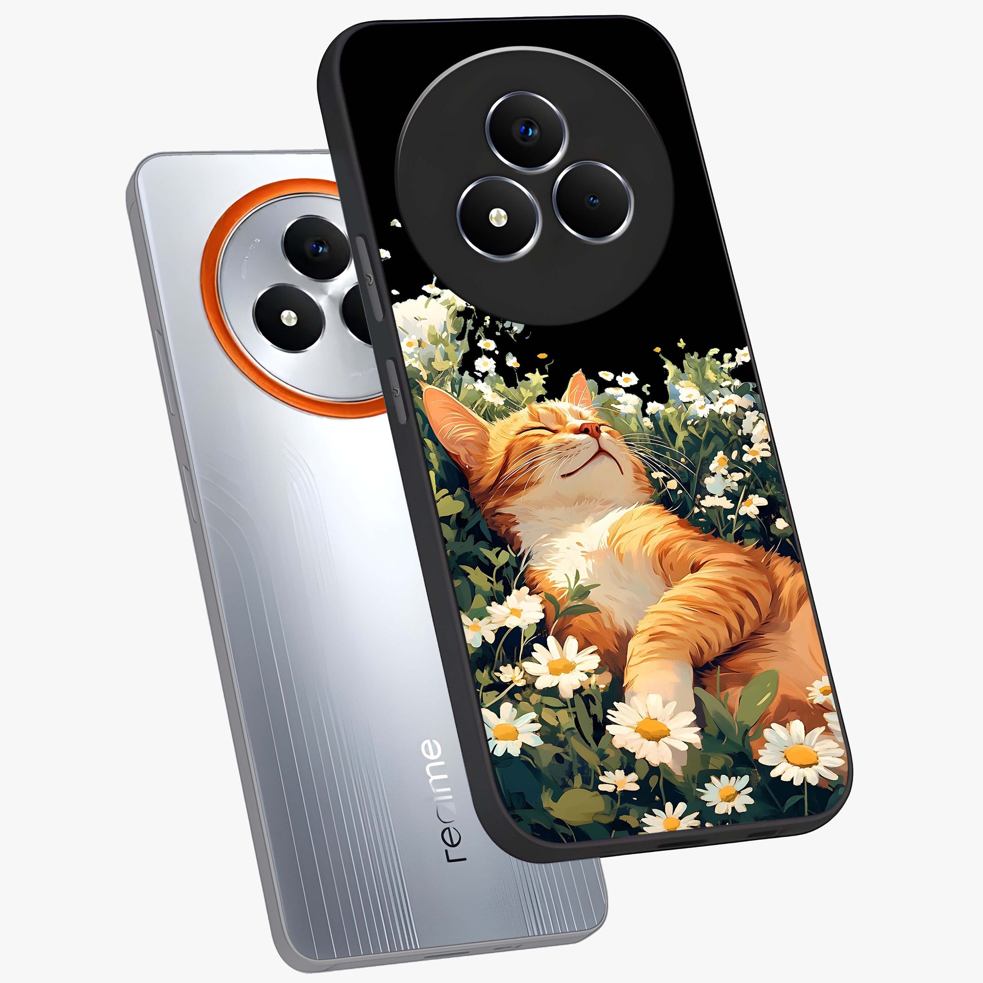 Blissful Bloom Cat Glass Case displayed in angled mockup highlighting playful feline illustration with soft floral aesthetic.